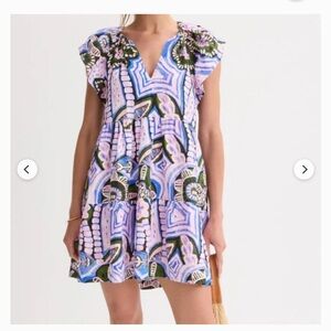 Marie Oliver Pink & Blue Floral-Geometric V-Neck Mini Dress